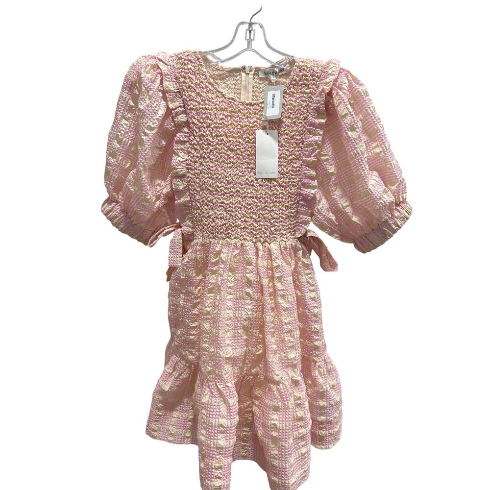 NWT Sofie The Label Pink Cream Smocked Puff Sleeve Mini Dress Small